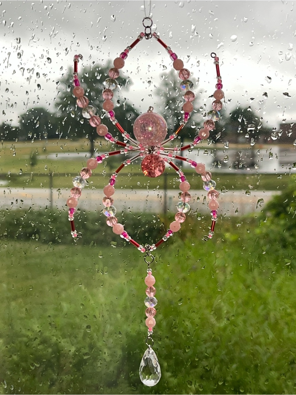 Hand Crafted Pink Beaded Spider Hanging Sculpture